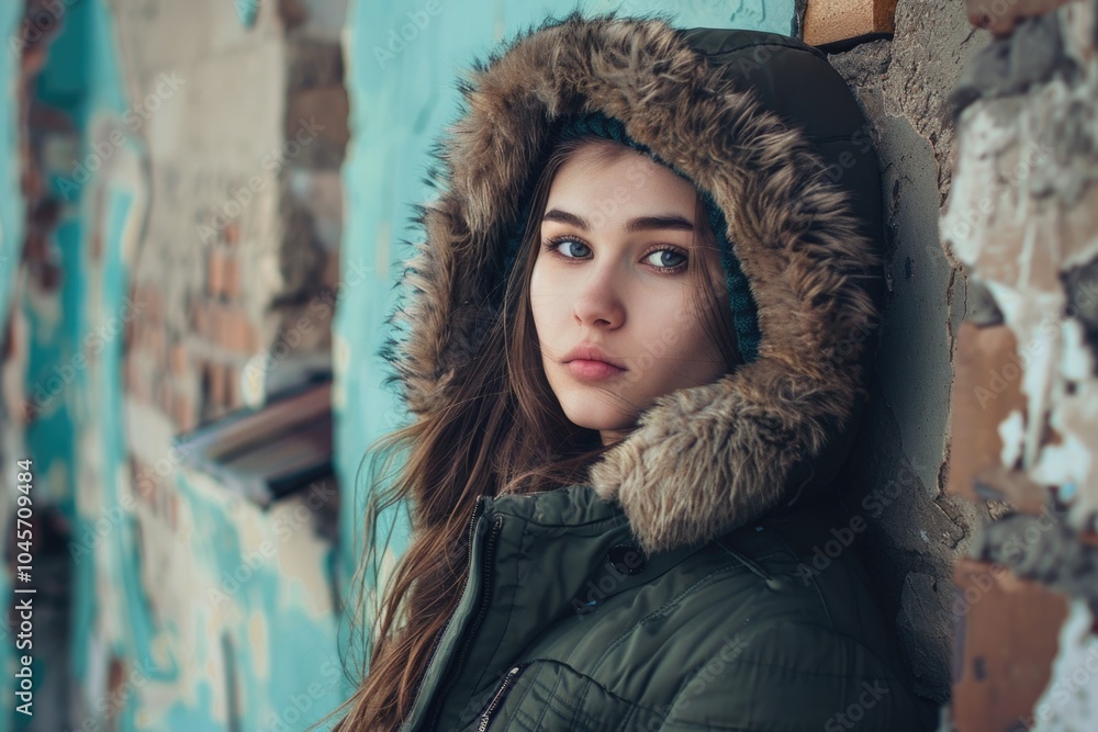 A woman wearing a casual outfit with a fur-lined hoodie, perfect for winter or outdoor activities A woman wearing a casual outfit with a fur-lined hoodie, perfect for winter or outdoor activities