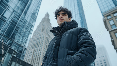 Young Hispanic man wearing a stylish winter coat, standing in a modern city square with tall glass buildings in the background. Urban winter fashion and lifestyle concept.