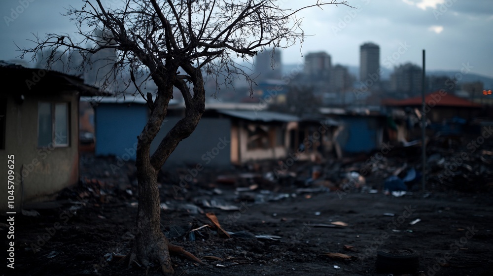 A lone tree stands amidst the charred remains of a destroyed community, with a cityscape in the background. A lone tree stands amidst the charred remains of a destroyed community, with a cityscape in the background.