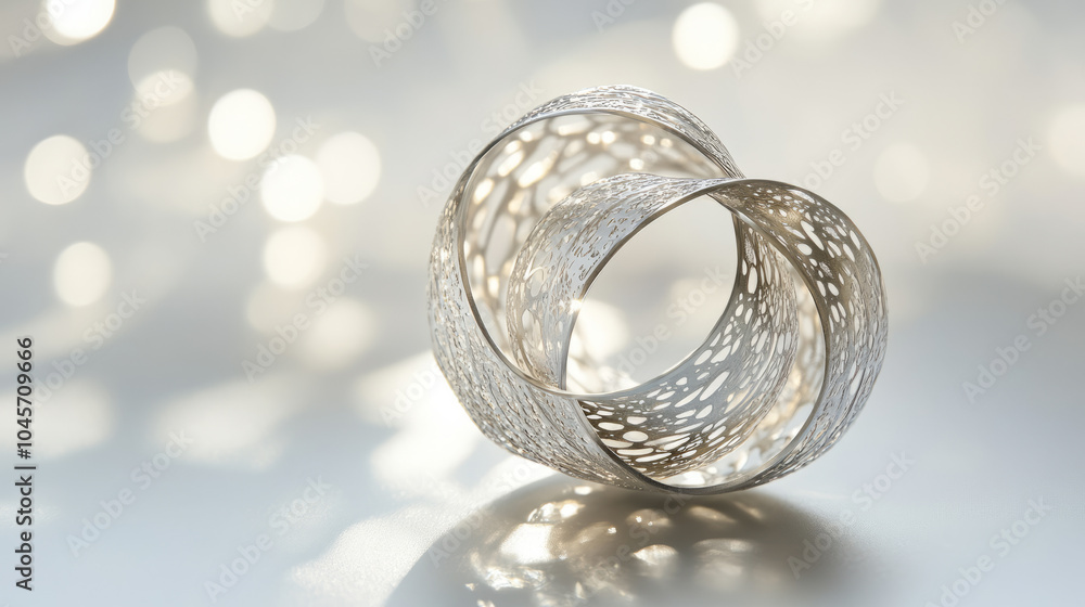 Intricate silver ribbon sculpture with perforated pattern on light background. Minimalist macro photography with bokeh effect. Abstract art and modern decor concept. Intricate silver ribbon sculpture with perforated pattern on light background. Minimalist macro photography with bokeh effect. Abstract art and modern decor concept.