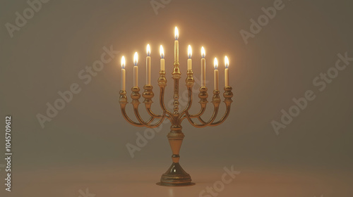 Bronze menorah with glowing candles on a plain background. Warm lighting and soft shadows. Hanukkah and Jewish holiday tradition concept.