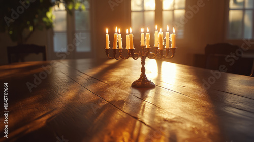 Lit menorah with candles on wooden table in warm sunset light. Indoor photography with soft shadows. Hanukkah and Jewish holiday tradition concept. photo