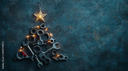 A Christmas tree made of wrenches, string lights, and a star. Industrial holiday card with space for a festive message.