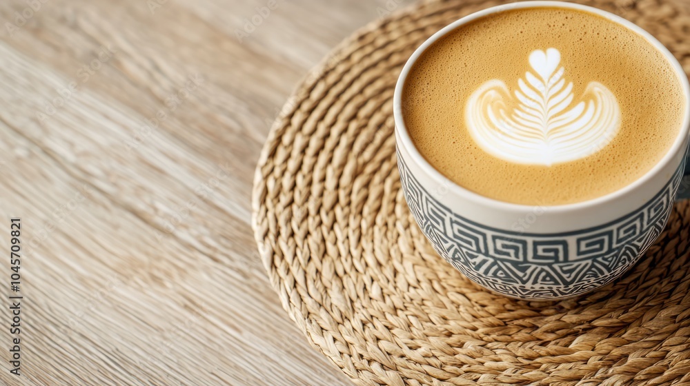 A beautifully crafted latte in a patterned cup sits on a woven coaster against a rustic wooden background. A beautifully crafted latte in a patterned cup sits on a woven coaster against a rustic wooden background.