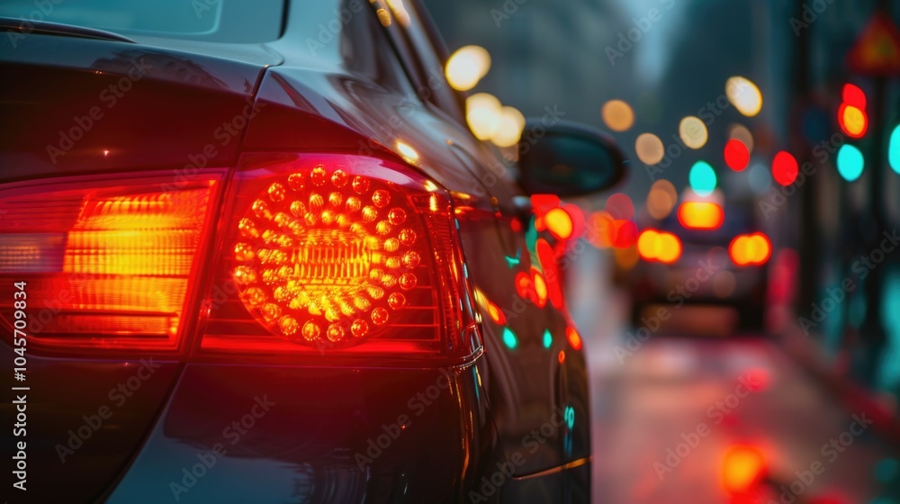 Close-up shot of a car's tail light on a city street Close-up shot of a car's tail light on a city street