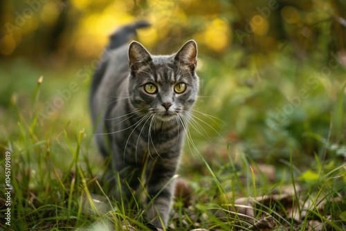 A grey cat walks through a bright green meadow, perfect for nature or outdoor-themed images