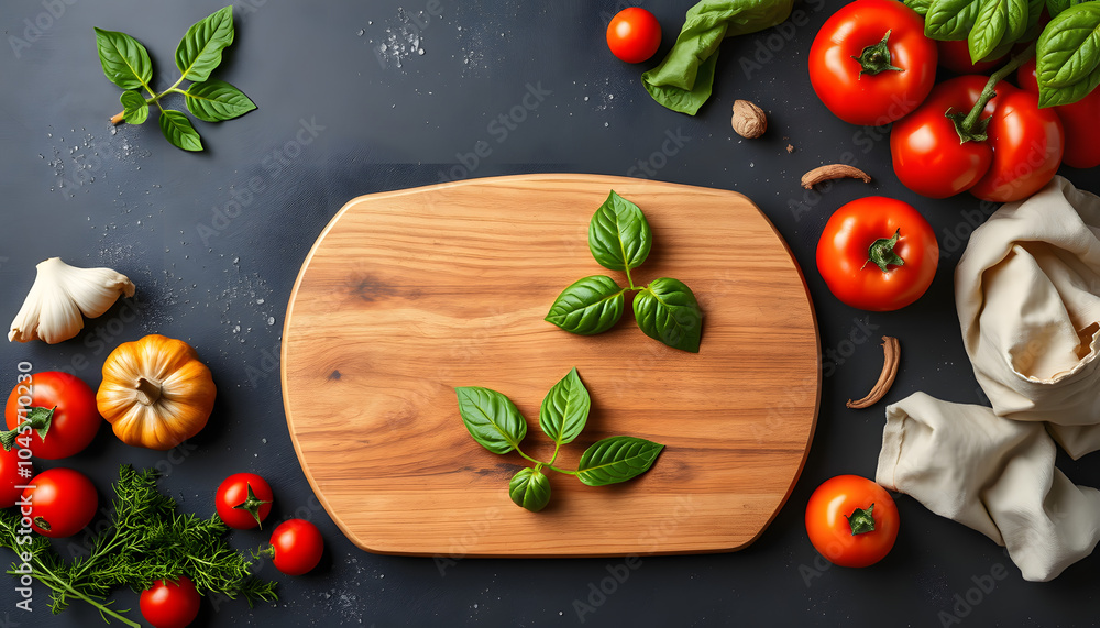 Italian food cooking ingredients on dark background with rustic wooden chopping board in center, top view, copy space isolated with white highlights, png Italian food cooking ingredients on dark background with rustic wooden chopping board in center, top view, copy space isolated with white highlights, png