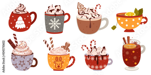 Collection of cups of coffee and tea drinks with whipped cream, chocolate, cookies, candy. Set of mugs with hot beverage and decoration for wintertime seasonal holidays. Autumn and winter hot drinks.