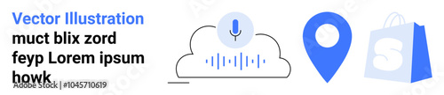 Free Download Microphone on a cloud, blue location pin icon, blue shopping bag with dollar sign, and text on the left. Ideal for technology, navigation, shopping, cloud services, and digital marketing. Landing - GFXLoad