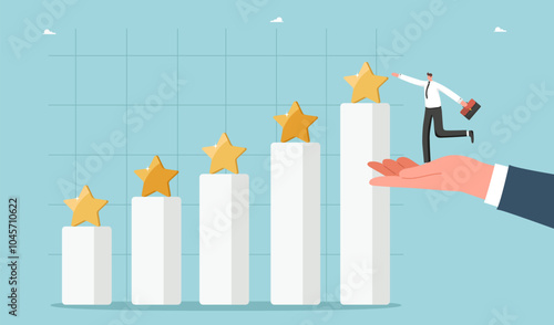 Teamwork in paving way to achieve goal or high results, partnership and communication to overcome obstacles or receive rewards, brainstorm for new opportunities, hand lifts man to star at top of chart