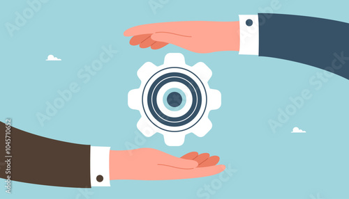 Teamwork in finding solution to problem, creative ways out of business problems, analysis or optimization of work, technical support or service in unforeseen situations, large hands protect the gear.