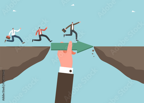 Leadership to achieve highest result, teamwork to find the right strategy and business prosperity, competitive fight to achieve business goals and win, hand puts arrow between cliff for colleagues.