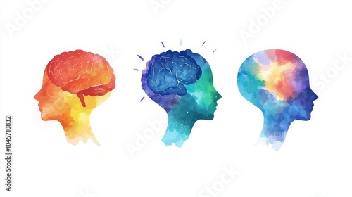 Colorful watercolor illustrations of human heads depicting creativity and thought processes in a vibrant artistic style.