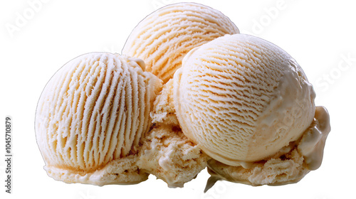 Creamy side view of vanilla ice cream, smoothly rendered on a 21:10 clear backdrop. photo