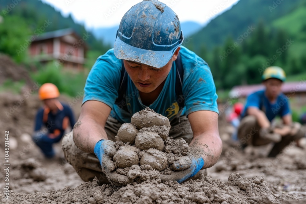 A group of people rebuilding a house after a disaster, showing that even destruction can teach resilience and strength A group of people rebuilding a house after a disaster, showing that even destruction can teach resilience and strength
