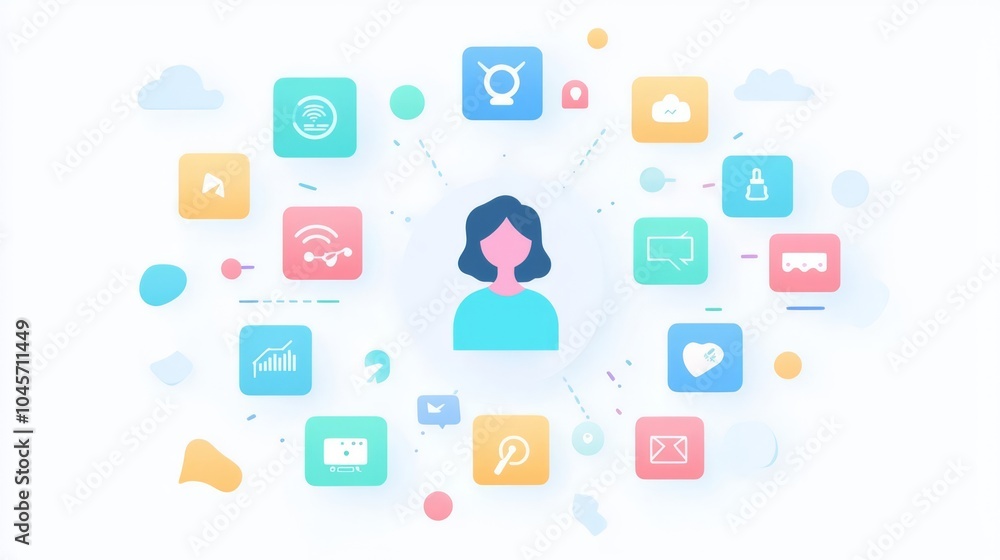 A modern illustration depicting a user surrounded by various digital icons representing technology and communication. A modern illustration depicting a user surrounded by various digital icons representing technology and communication.
