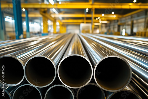 Close-up of industrial metal pipes stacked in a factory, reflecting light, perfect for manufacturing, construction, and industrial production marketing and promotional materials. photo