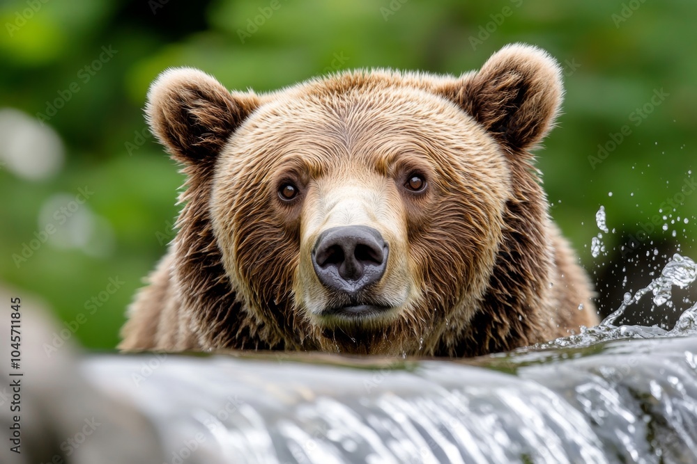 Obraz premium A hungry bear catching fish from a river, its eyes fixed on its next meal