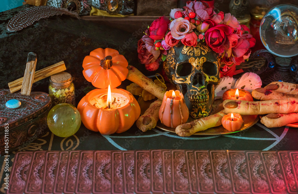 Illustration for celebrating Halloween party, spooky details and magical stuff, candles and pumpkinsб сcookies on a table
