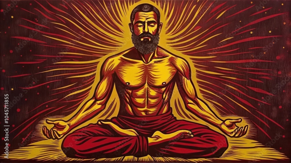 Fototapeta premium Artistic illustration of a muscular bearded man meditating with a radiant energy backdrop