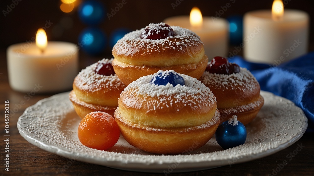Delicious Hanukkah sufganiyot filled with jelly and topped with powdered sugar on a festive plate Delicious Hanukkah sufganiyot filled with jelly and topped with powdered sugar on a festive plate