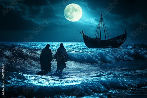 Dramatic scene of Jesus inviting Peter to walk on water under moonlight with waves and boat, Biblical religious stories, illustrations Christian faith in God