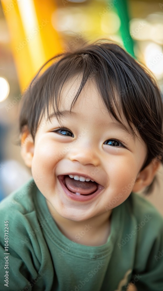 子どもの幸せと家族のマーケティングのための遊び心のある設定で明るい色で笑う楽しい幼児 子どもの幸せと家族のマーケティングのための遊び心のある設定で明るい色で笑う楽しい幼児