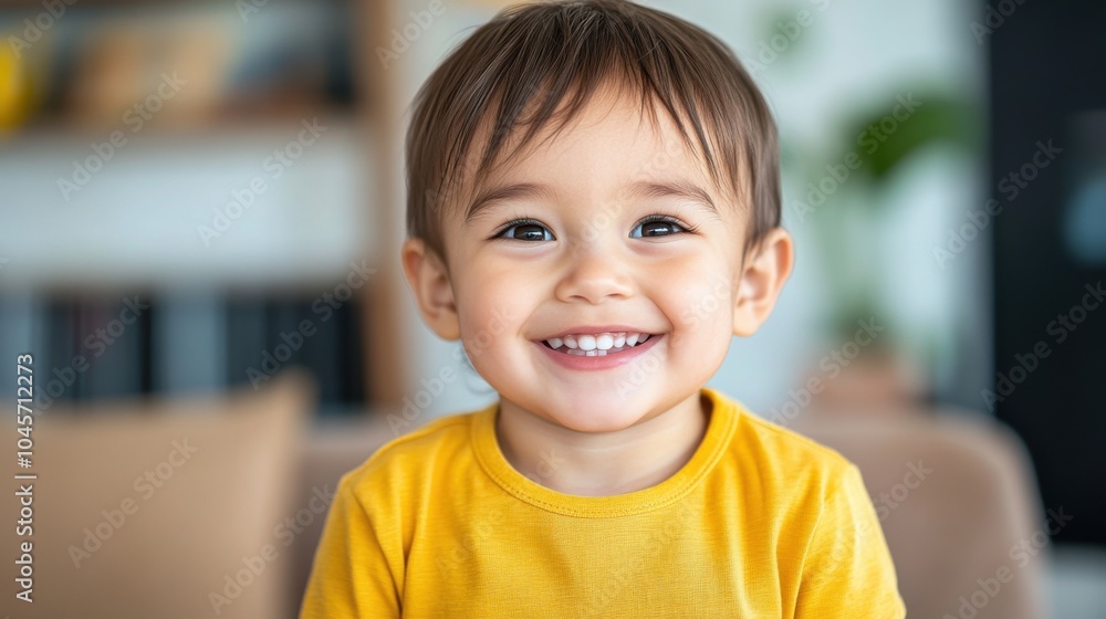 黄色いシャツを着て、室内で家族写真を撮るために微笑むうれしそうな幼児 黄色いシャツを着て、室内で家族写真を撮るために微笑むうれしそうな幼児