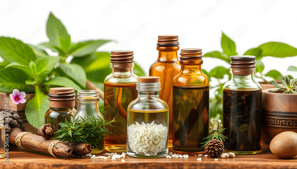 Chinese herbal medicine concept. Healing fresh herbs and essential oil in glass bottles isolated with white highlights, png Chinese herbal medicine concept. Healing fresh herbs and essential oil in glass bottles isolated with white highlights, png