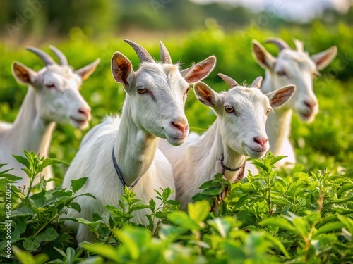 Free Range White Goats Grazing in Meadow - Nature's Bounty, Organic Farming, Eco-Friendly Agriculture, Sustainable