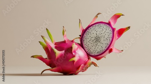 A dragon fruit is artistically split open, revealing its striking white and black speckled interior, set against a minimalist background. photo