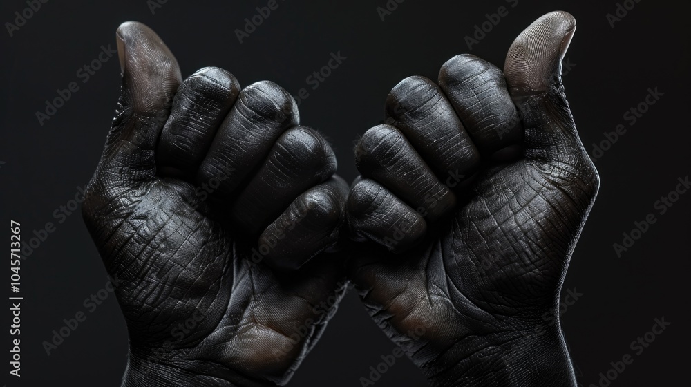 A close-up of a person's hands with black paint applied A close-up of a person's hands with black paint applied