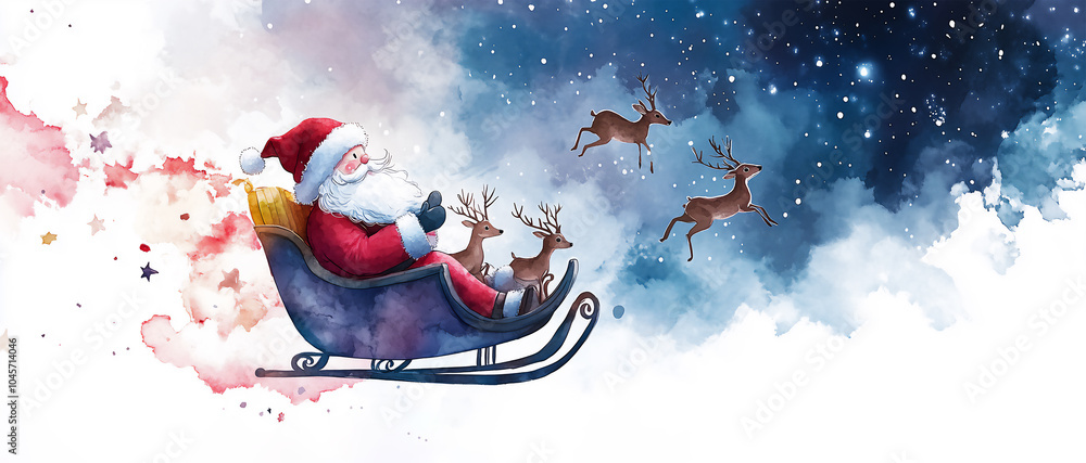 Watercolor Santa Claus rides through the snow on a sleigh with reindeer and a cart full of gifts. Watercolor Santa Claus rides through the snow on a sleigh with reindeer and a cart full of gifts.