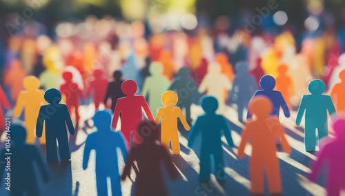 A large group of diverse people, represented by simple paper figures in different colors and shapes, standing together on the ground with no faces visible Generative AI