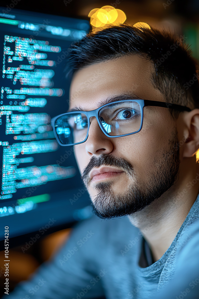 Focused developer analyzing code on computer screen with bright display and intense expression Focused developer analyzing code on computer screen with bright display and intense expression