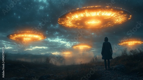 A person stands in front of a field of glowing, orange UFOs