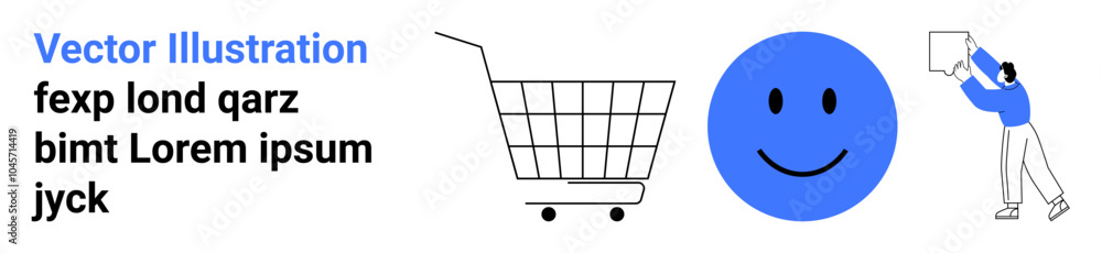 Fototapeta premium Shopping cart, large blue happy face, and a person in blue and white holding a paper. Ideal for e-commerce, customer satisfaction, communication, positivity, and marketing concepts. Banner