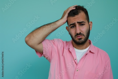 A person with pink shirt holds their head, possibly indicating frustration or shock photo