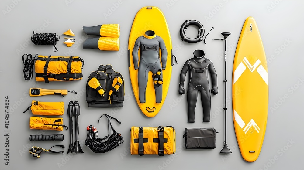 Assortment of essential water rescue equipment including wetsuits paddles and rescue boards for outdoor adventure water sports and coastal safety activities Assortment of essential water rescue equipment including wetsuits paddles and rescue boards for outdoor adventure water sports and coastal safety activities