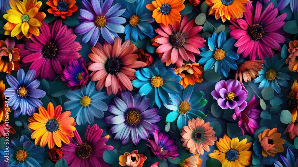A selection of vibrant flowers arranged on a flat surface, suitable for use in illustrations, editorial features, or product promotions A selection of vibrant flowers arranged on a flat surface, suitable for use in illustrations, editorial features, or product promotions