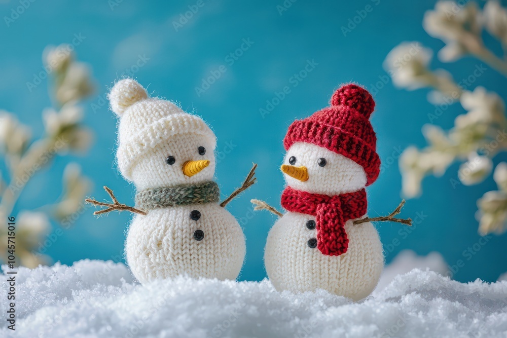 Adorable little knitted snowmen standing on soft snow against a bright blue background, with intricate details and cozy winter vibes. Adorable little knitted snowmen standing on soft snow against a bright blue background, with intricate details and cozy winter vibes.