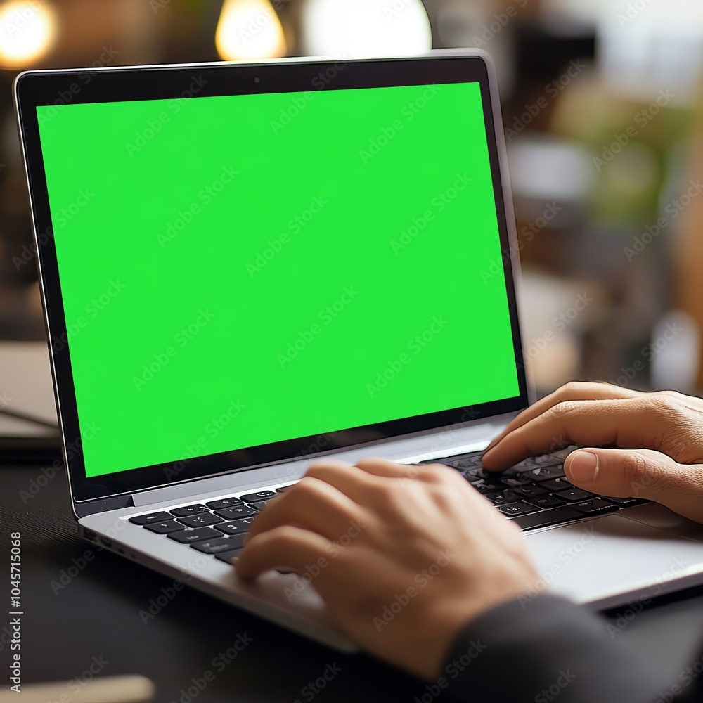 Hands typing on laptop with a green screen, creating a modern tech workspace ambiance. Hands typing on laptop with a green screen, creating a modern tech workspace ambiance.