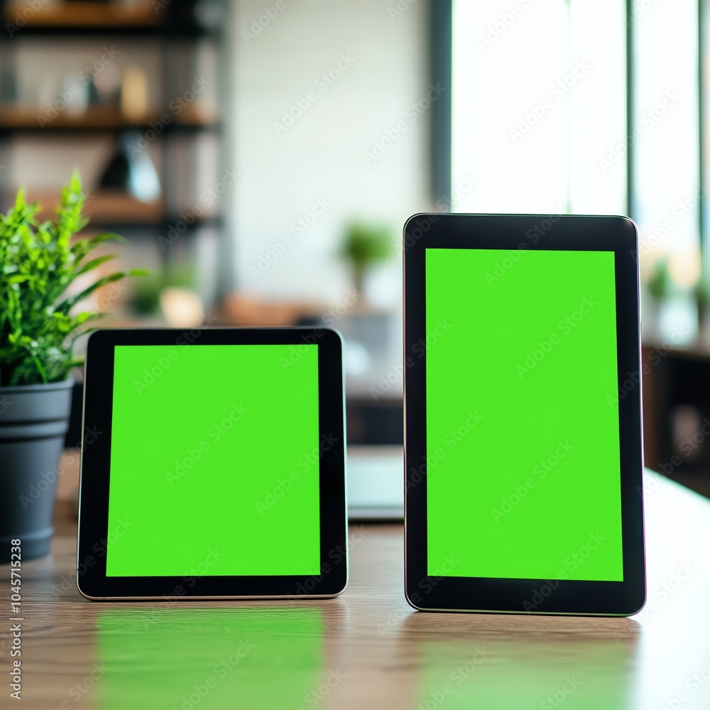 Two tablets with green screens on a wooden table in a modern office setting. Two tablets with green screens on a wooden table in a modern office setting.
