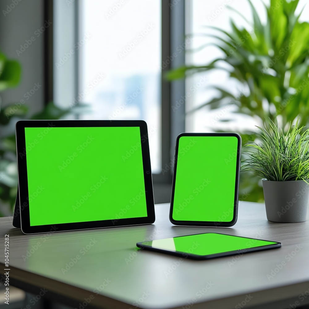Digital devices with green screens on desk, modern office background Digital devices with green screens on desk, modern office background