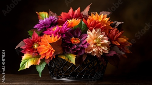 Wallpaper Mural A vibrant bouquet of autumn dahlias arranged in a black wire basket. Torontodigital.ca