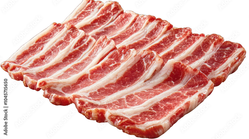 Sliced raw pork belly, digitally captured top-down on a transparent background. Sliced raw pork belly, digitally captured top-down on a transparent background.