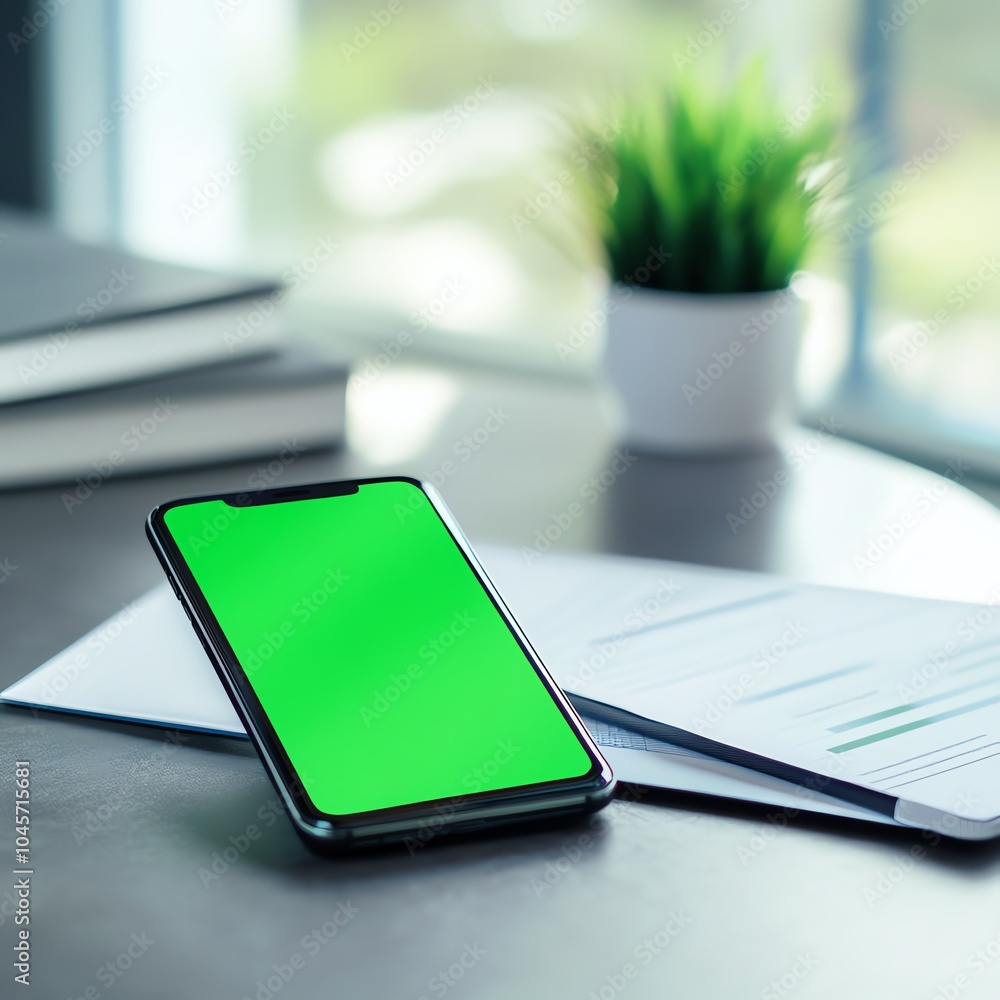 Smartphone with green screen on desk next to papers and plant, modern workspace. Smartphone with green screen on desk next to papers and plant, modern workspace.