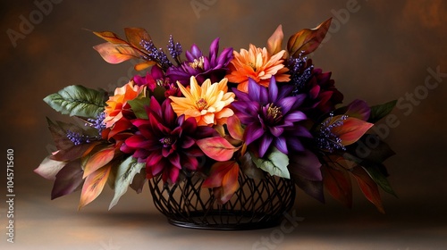 A vibrant autumn floral arrangement in a wire basket with purple, orange, and yellow dahlias, and lavender sprigs.