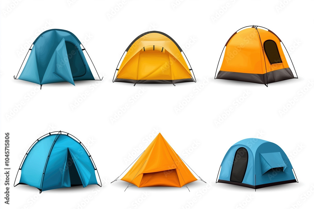Colorful tents arranged in various styles and shapes for outdoor camping adventures Colorful tents arranged in various styles and shapes for outdoor camping adventures