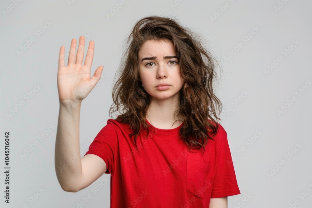 A woman holds a stop sign against a plain background, ideal for illustrations or infographics about traffic safety A woman holds a stop sign against a plain background, ideal for illustrations or infographics about traffic safety
